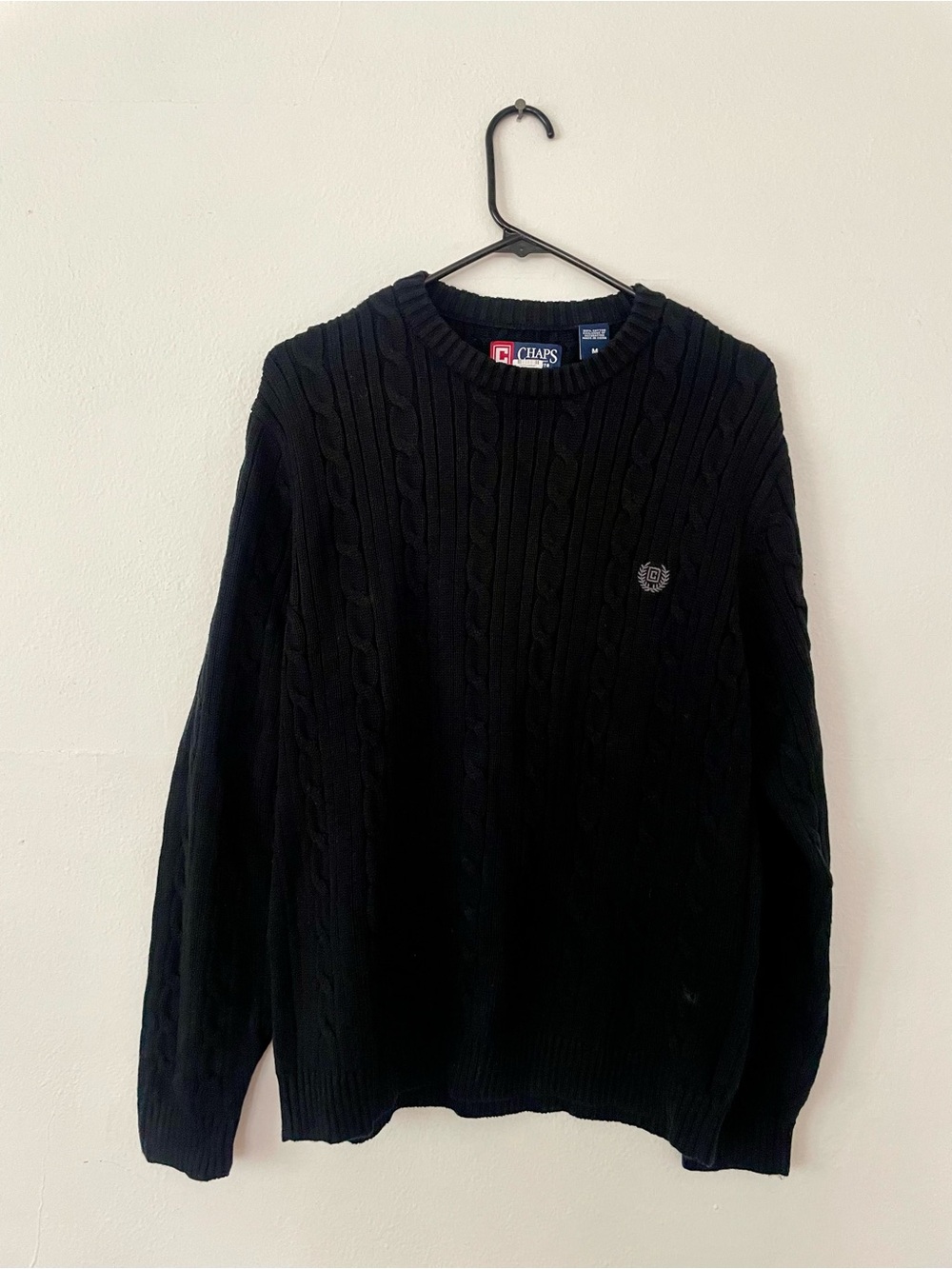 Chaps Men’s Black Cable Knit Crewneck Sweater - 100% Cotton